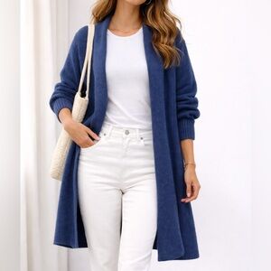 DEMYLEE Long Wool Cardigan Size Small Mohair Navy Blue Sweater Open Duster